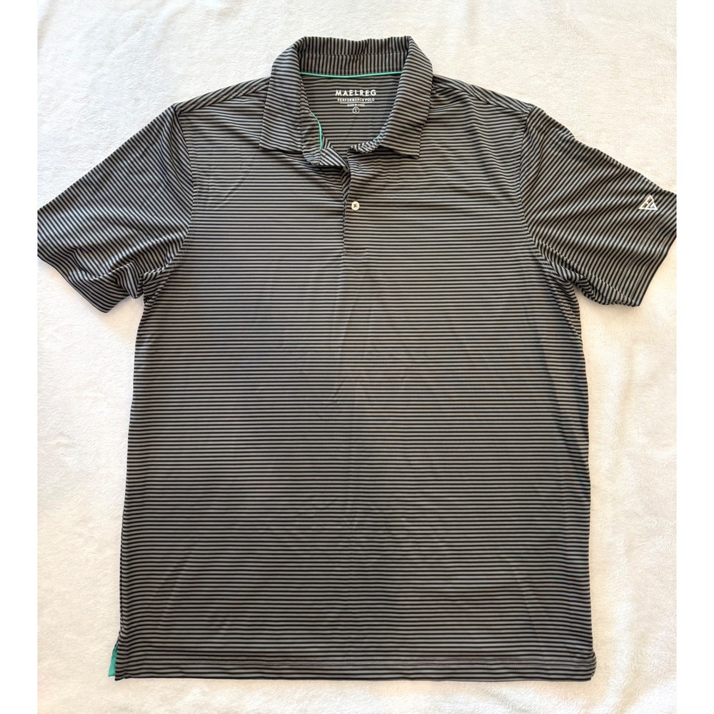 Maelreg Mens Performance Polo Shirt Large Grey Black Striped Golf Short Sleeve‎